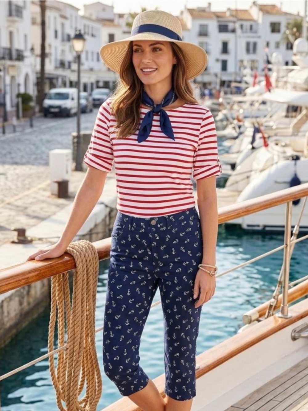 Rafaella Nautical 12 Navy Blue White Anchor Belted Skimmer Pants Coastal Preppy
